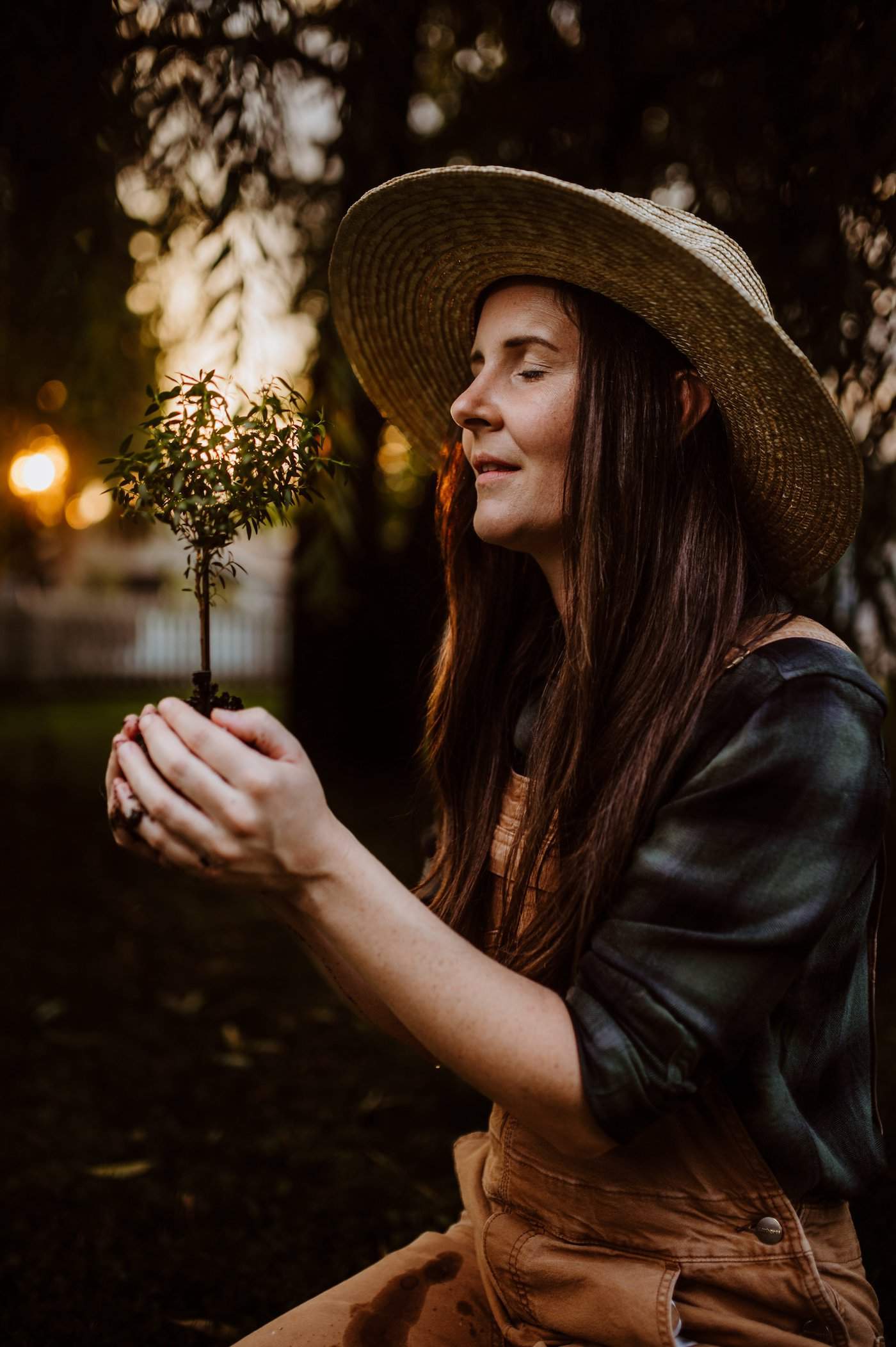 Plants and nature - woman holding tiny tree at sunset outdoors